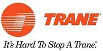 Logo of Trane, orange circle with a design, orange text, and tagline: 