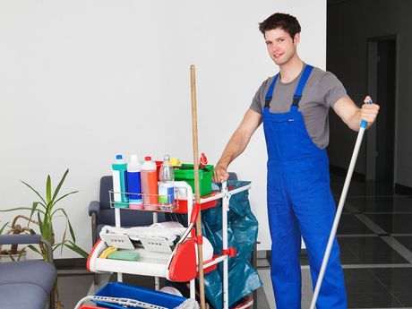 Cleaner with Cleaning Equipment — Chico, CA — Sanitorial Janitorial Service Cleaner with Cleaning Equipment — Chico, CA — Sanitorial Janitorial Service