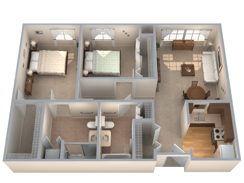 Floor plan rendering of a two-bedroom apartment with furniture. Beige walls, bedrooms at top, living area at right, and kitchen at bottom.