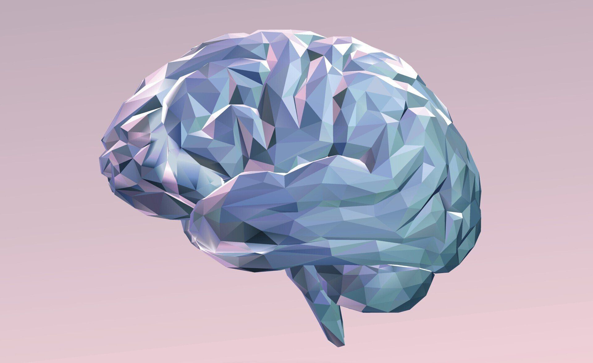 Low-poly brain model in shades of blue and purple against a pink gradient background.