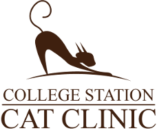 The logo for the college station cat clinic shows a cat stretching its legs.