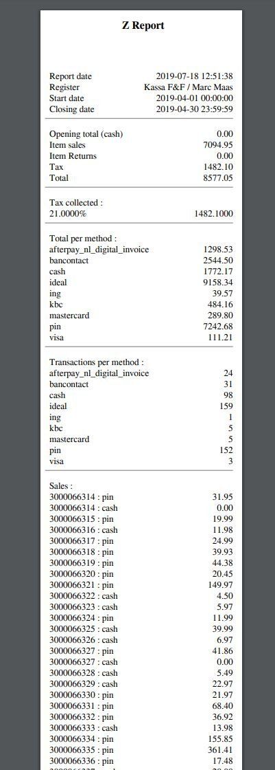 Magento kassa z-report Maaswebsites