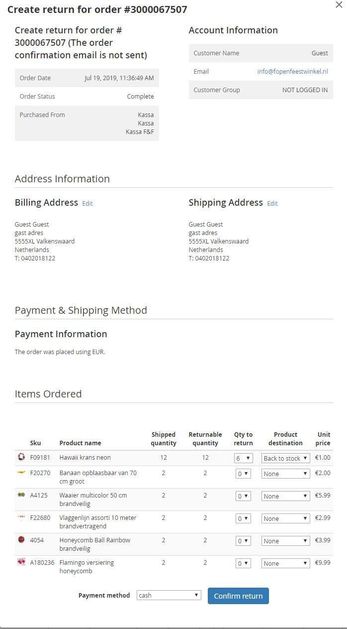 Magento kassa return