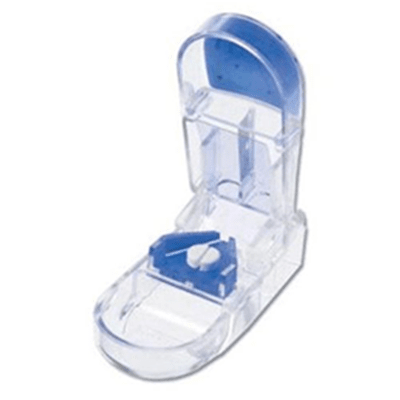 Ultra Pill Splitter - Daily Living Aids in El Paso, TX Flexible V-shape holder grips all size pills firmly for accurate cutting, contoured design with overmold for comfort.