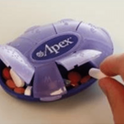 Weekly Pill Turtle - Aids to Daily Living in El Paso, TX A unique, attractive shape, easy to read raised letters and Braille markings, lids that snap securely shut, size fits easily in your hand or pocket, 8 compartments, an extra compartment is for additional storage.