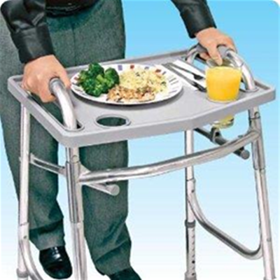 Walker tray with raised edges prevents spills with two recessed cup holders to secure beverages.