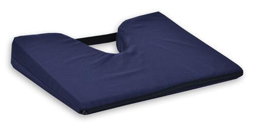 Coccyx cushion prevents sliding forward and helps to promote proper posture, Coccyx design removes pressure from coccyx area, has removable and washable navy poly cotton cover.