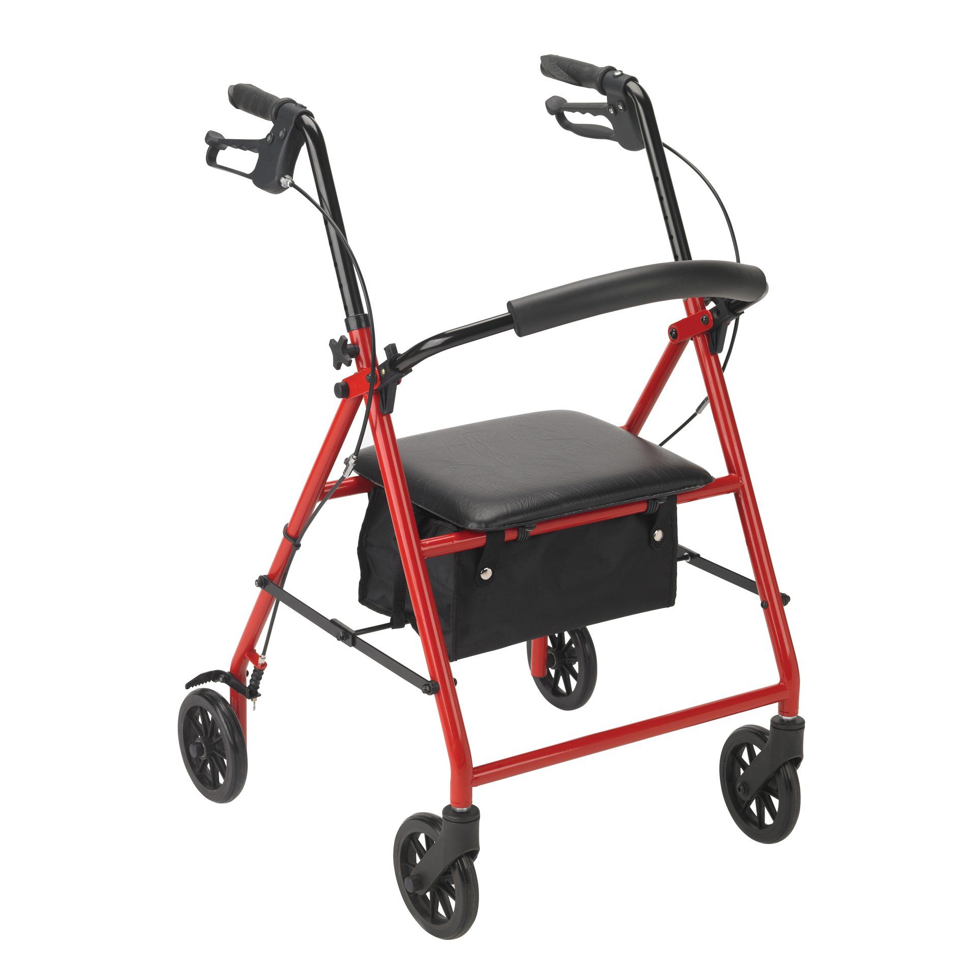 Comfortable padded seat, pouch under seat for added privacy and security of personal items, removable, hinged, padded backrest can be folded up or down.
