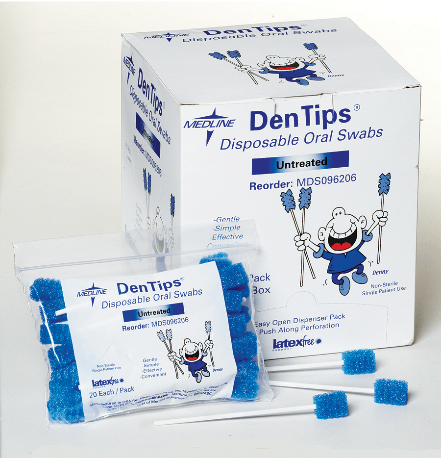 Dentips Untreated Oral Swabs - Medical Supplies in El Paso, TX Disposable Oral Swabs have long plastic handles to help prevent touch-contamination, are untreated and color coded blue.