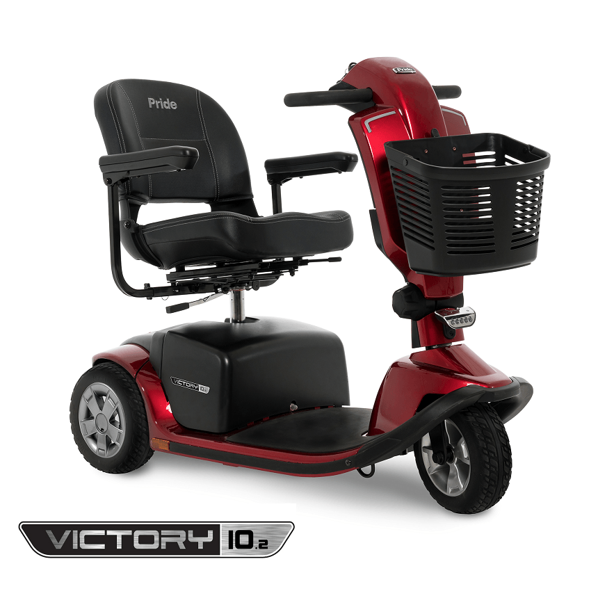3 wheel scooter with feather touch disassembly, wraparound delta tiller, 10” solid tires and a front basket. A 400 lb. weight capacity, a per charge range of up to 13.5 miles and a maximum speed up to 5.2 mph.