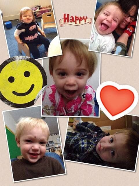Collage of smiling baby photos with a yellow smiley face, red heart, and the word “Happy”