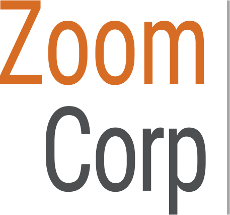 The zoom corp logo is orange and black on a white background