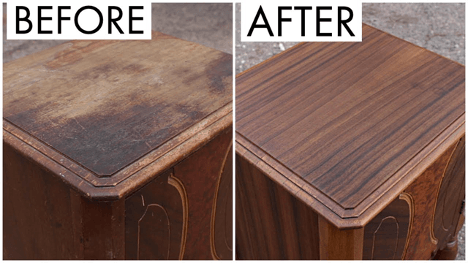 A before and after picture of a wooden table.