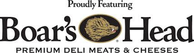 Boar’s Head logo with gold emblem and “Proudly Featuring Premium Deli Meats & Cheeses” text on white background