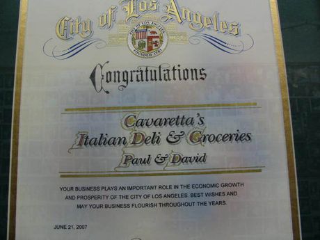 City of Los Angeles certificate of congratulations for Cavetta Italian Deli & Groceries in gold and black text