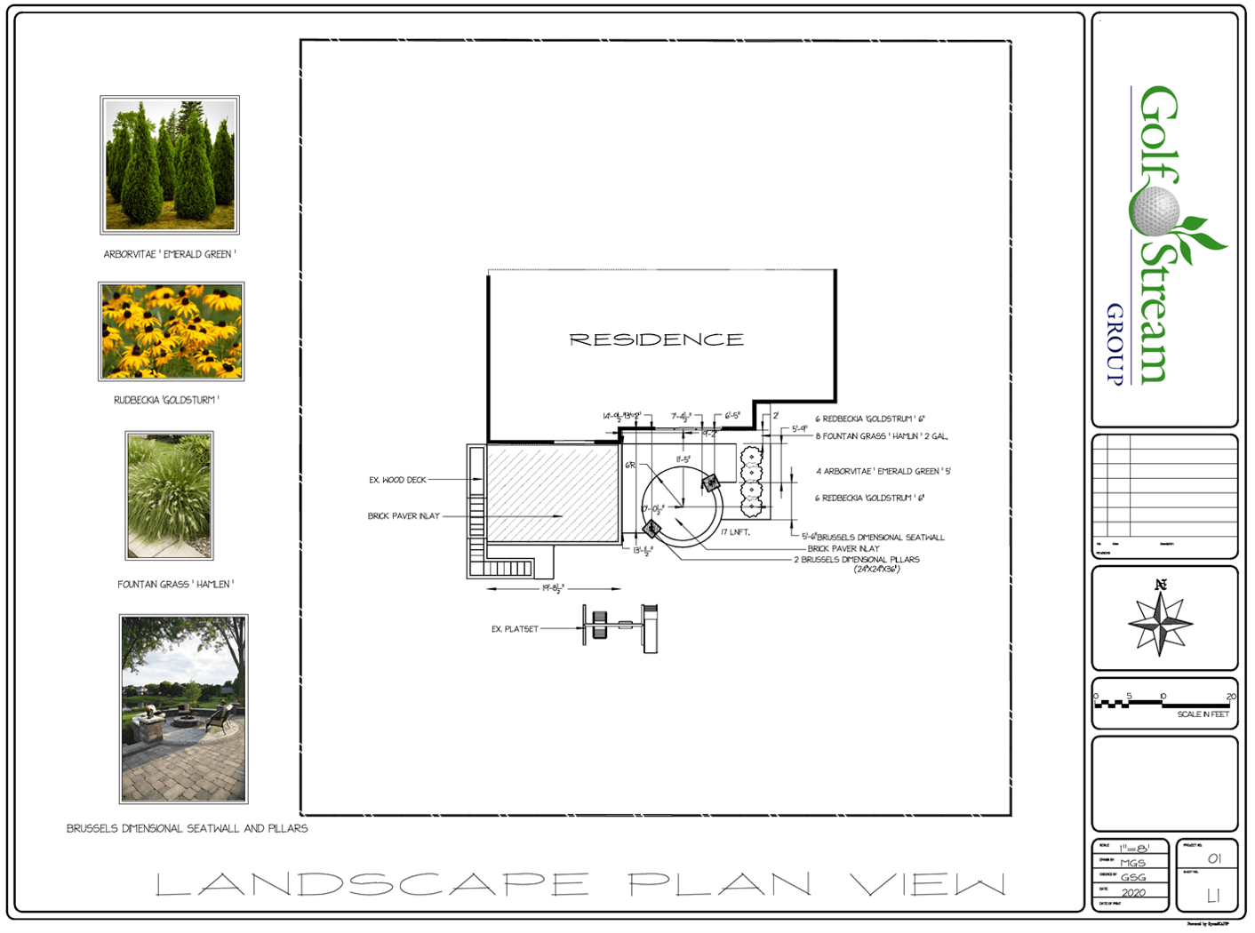A landscape plan with pictures of trees and flowers