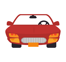 Ein rotes Auto mit einem Lenkrad und einem Nummernschild auf weißem Hintergrund.