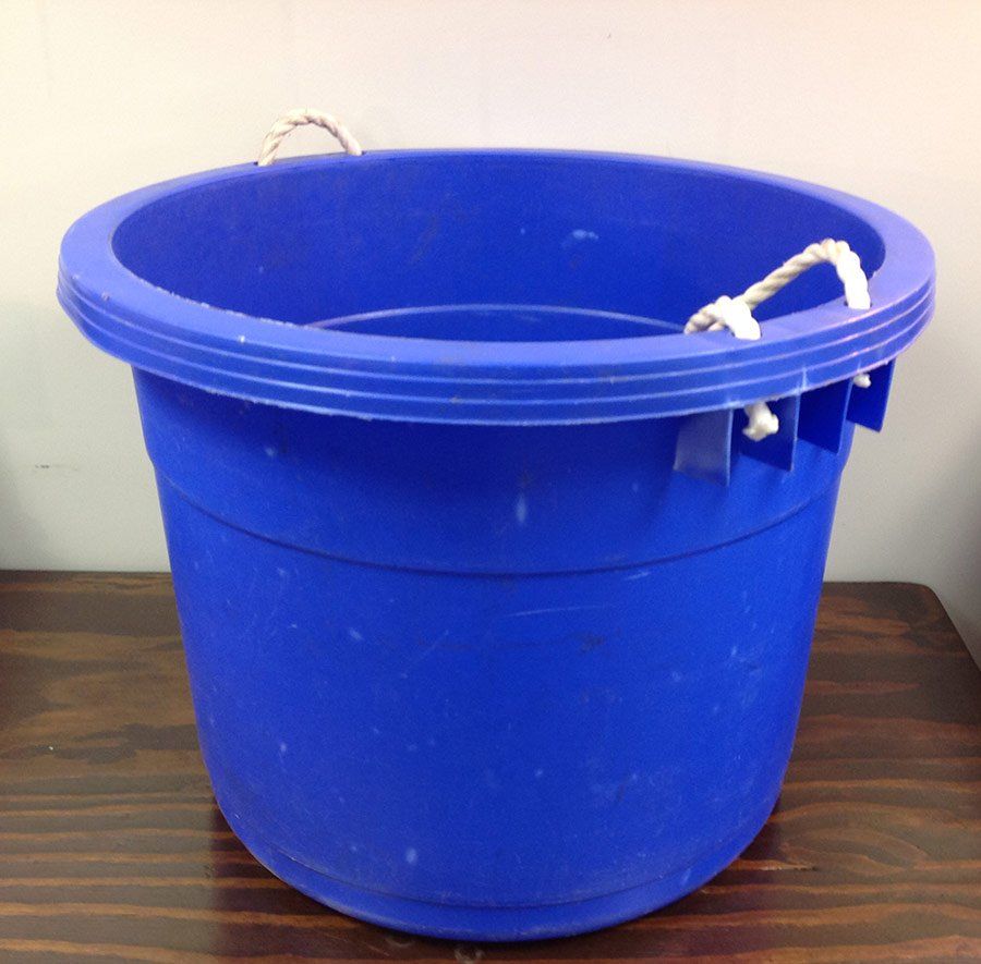Blue plastic bucket with white rope handles on a wooden surface