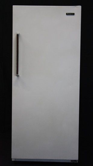 White refrigerator with a left-side handle against a dark background