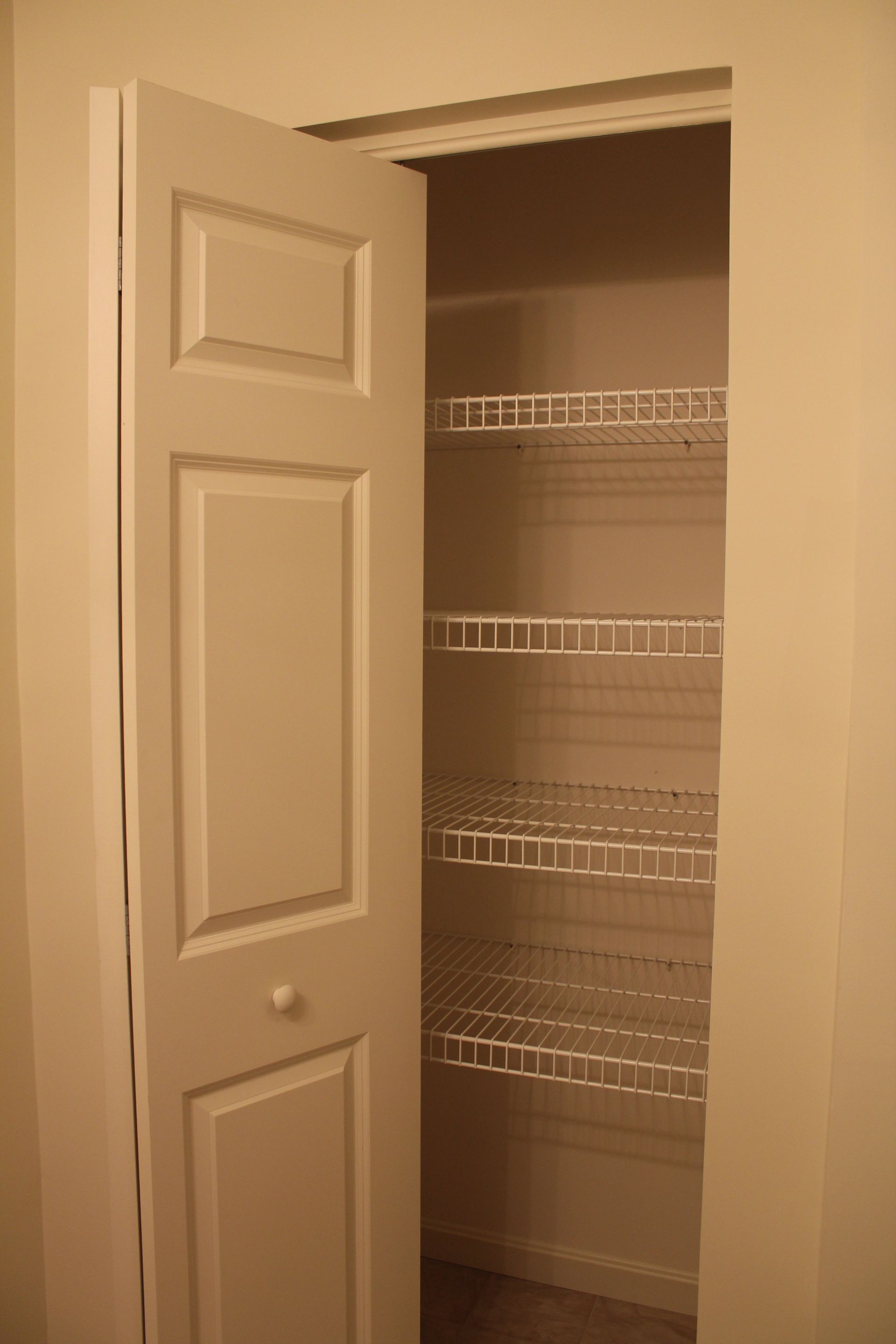 A closet with a door open and shelves in it.