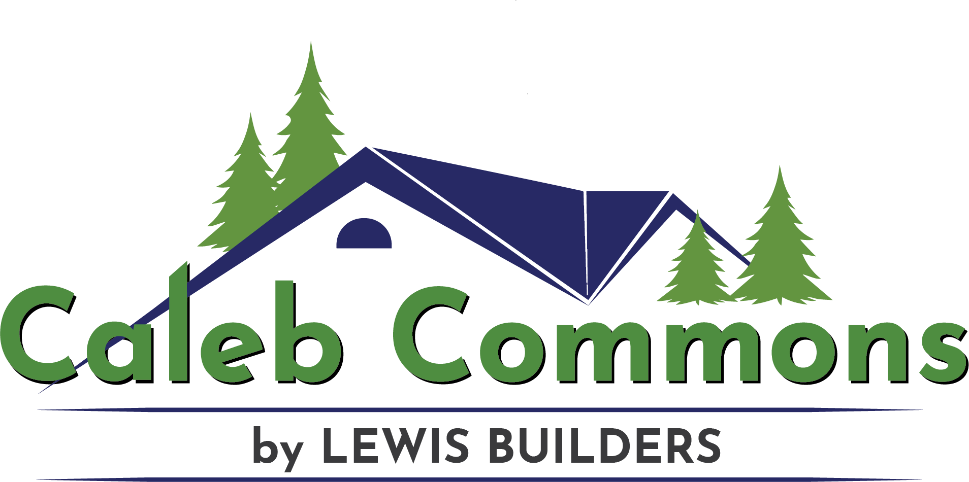 The logo for caleb commons by lewis builders shows a house with trees on the roof.