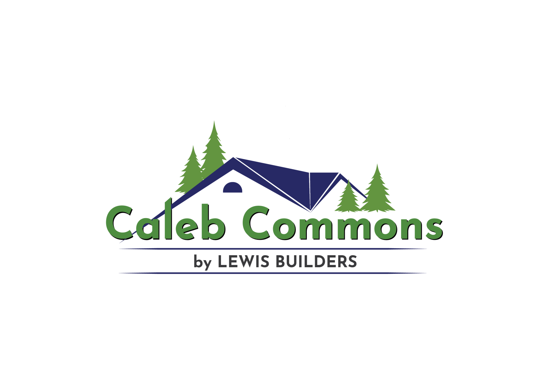 A logo for caleb commons by lewis builders shows a house with trees on the roof.