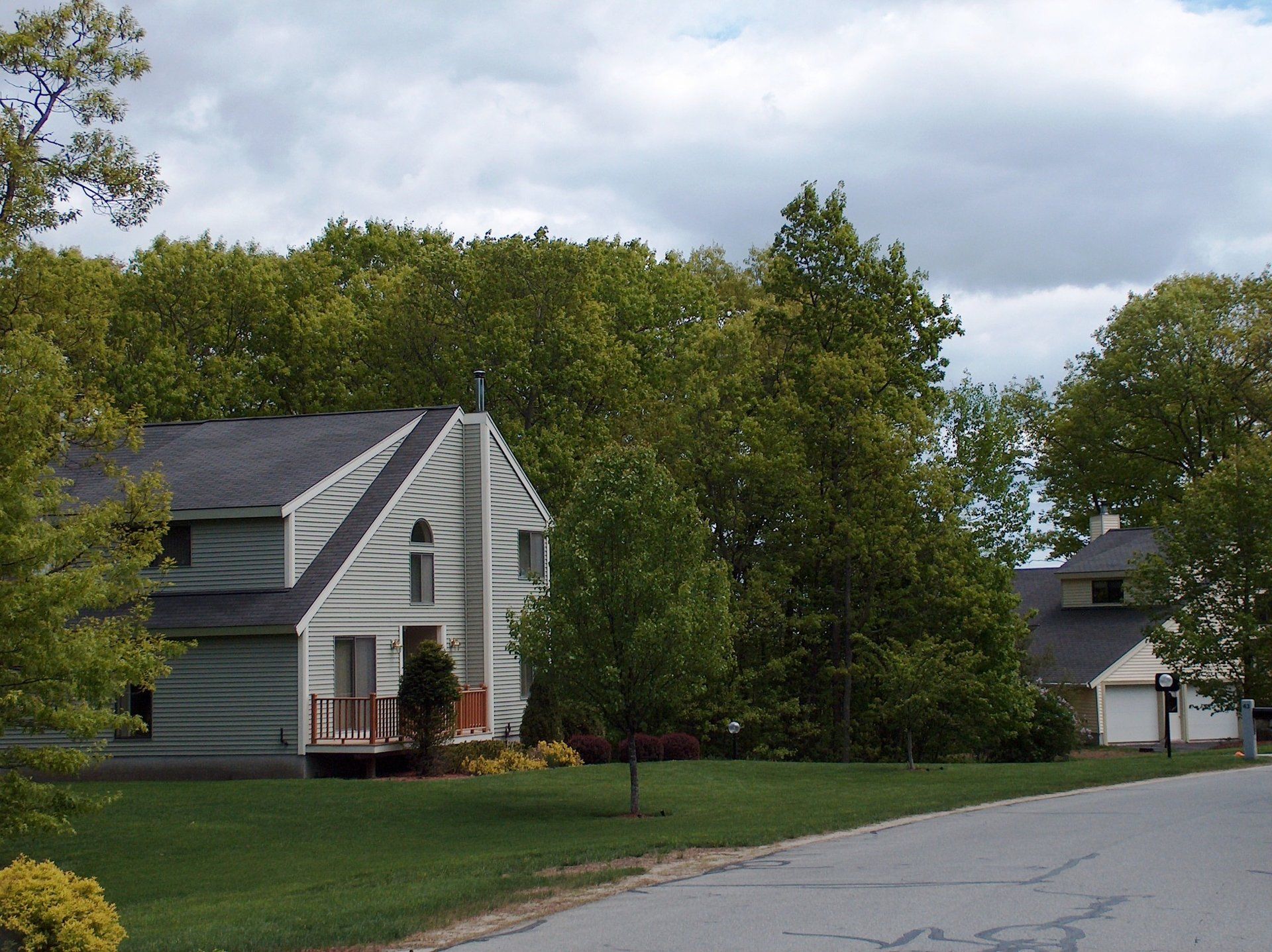 A white house with a black roof is surrounded by trees