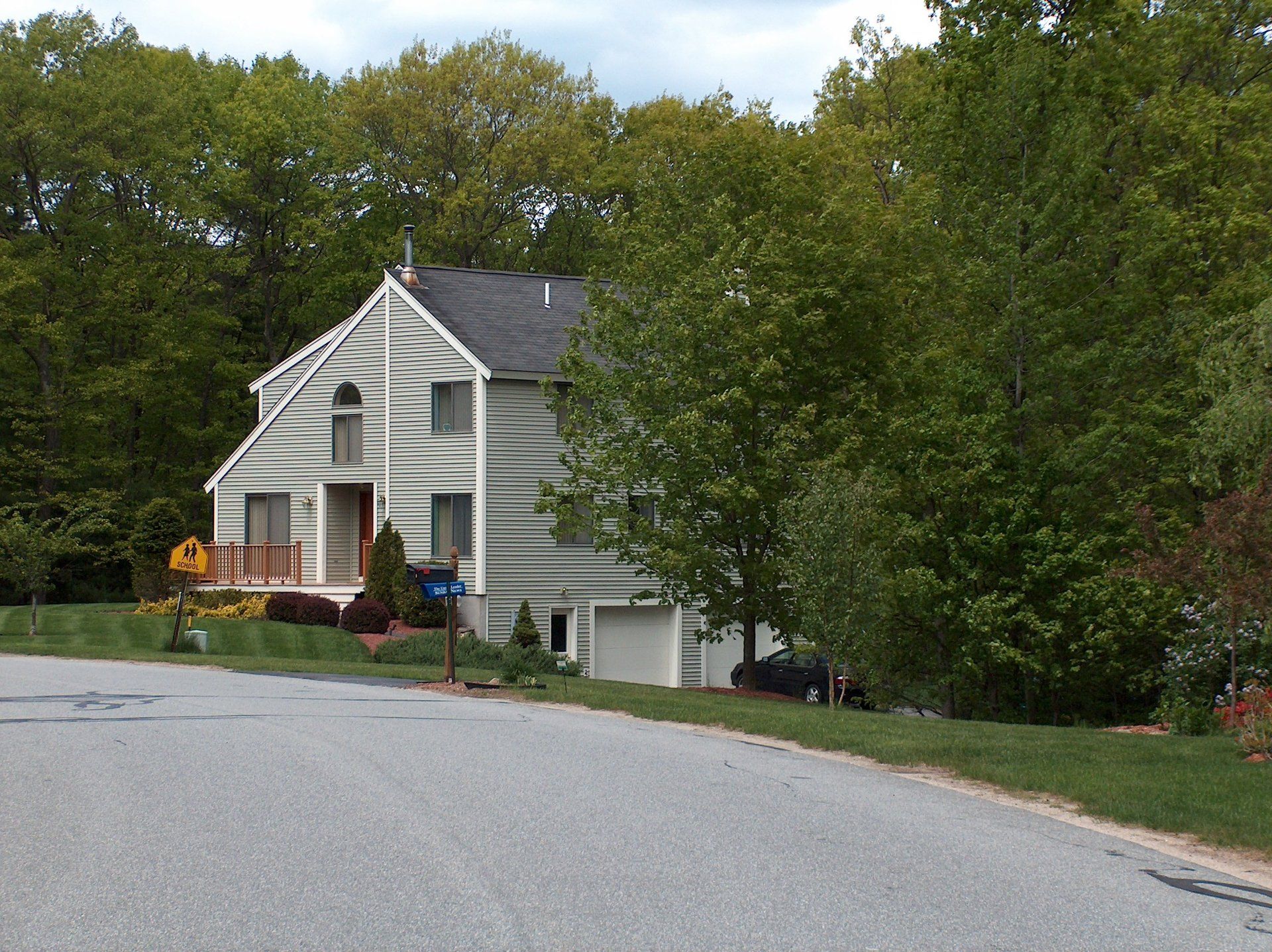 A house sits on the side of a road surrounded by trees
