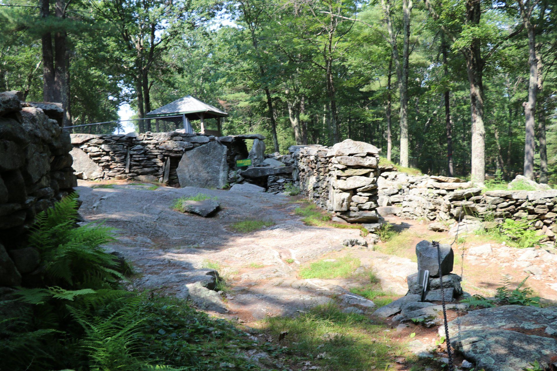 There is a stone wall in the middle of the woods.