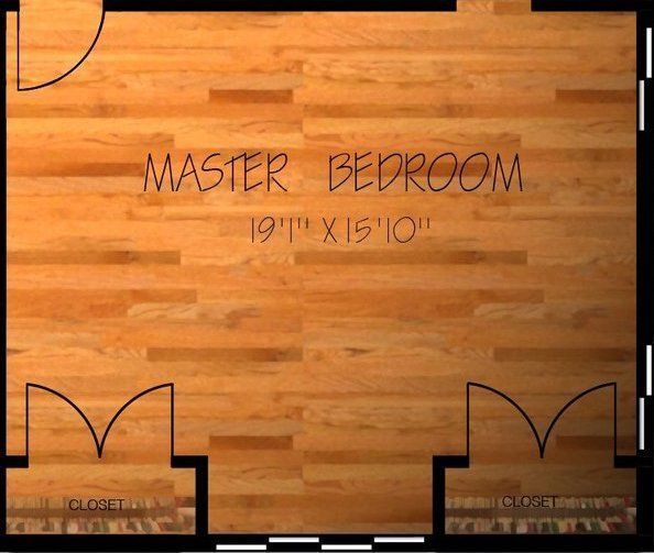 A floor plan of a master bedroom with hardwood floors