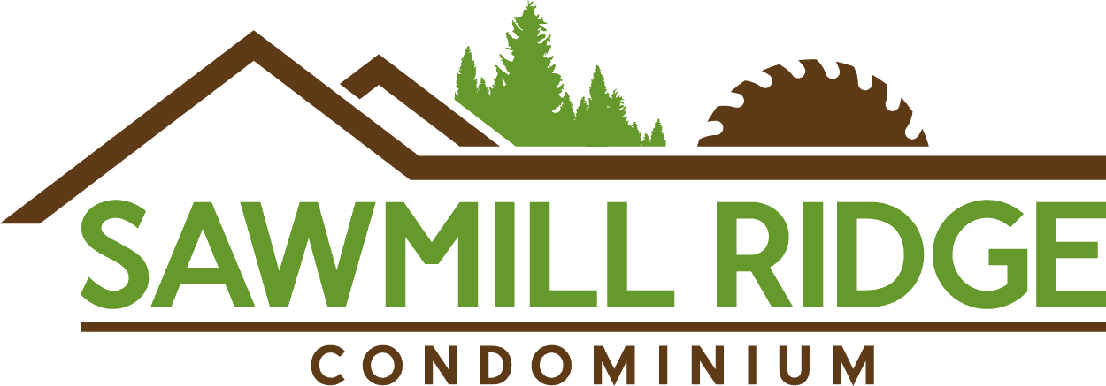 The sawmill ridge condominium logo shows a house with a roof and trees.