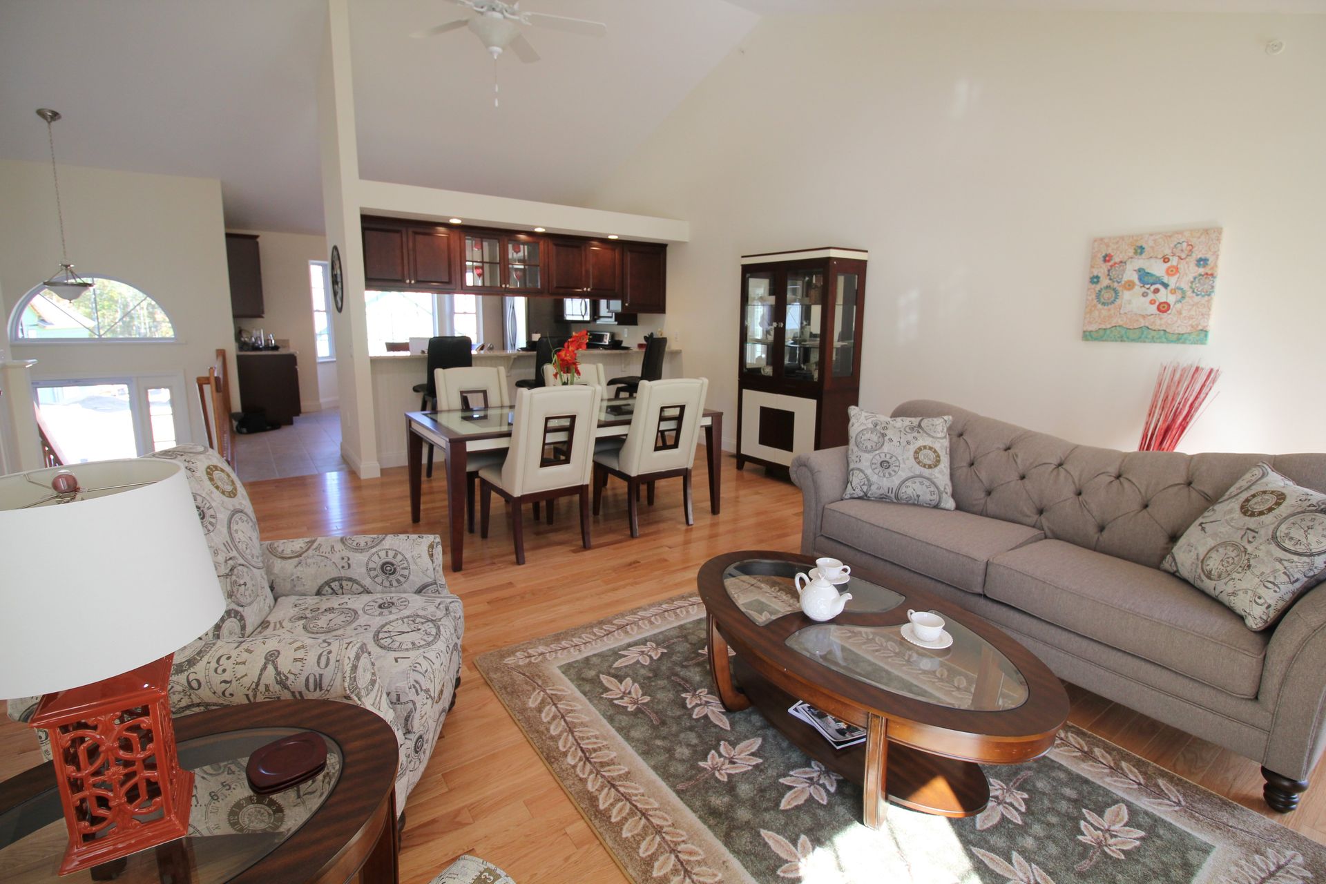 A living room with a couch and a coffee table