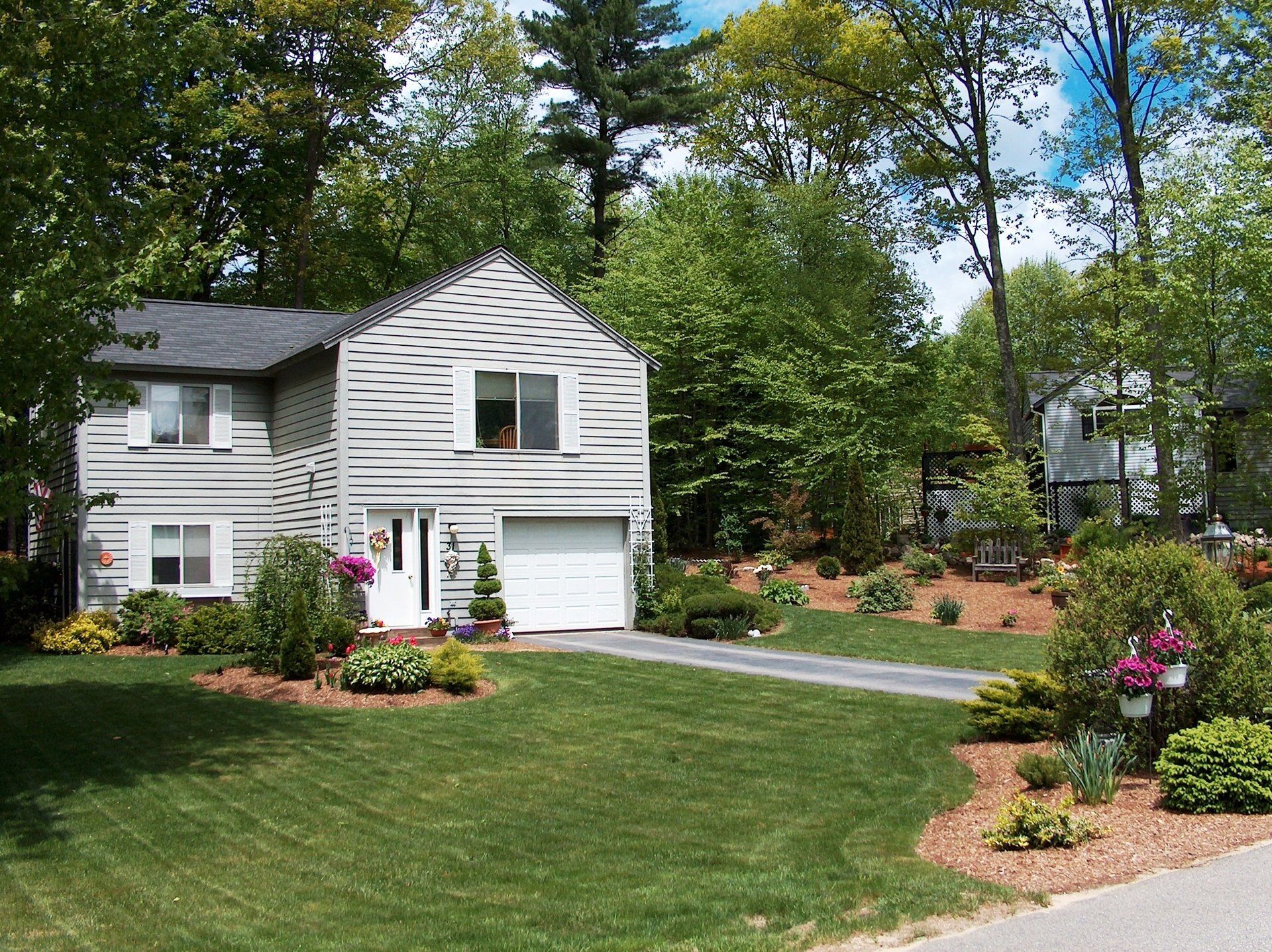 A house with a white garage door is surrounded by trees