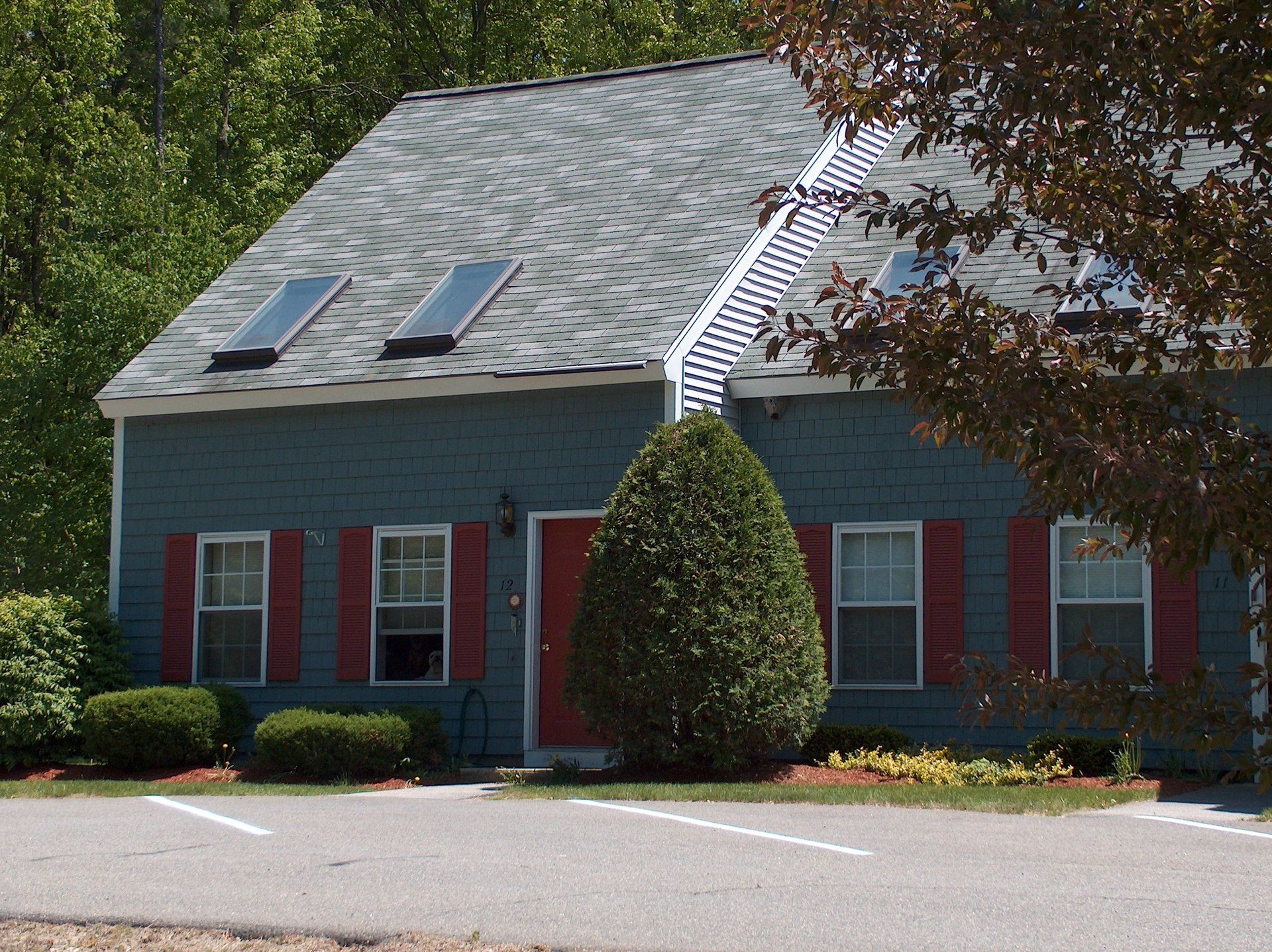 A blue house with red shutters and a skylight on the roof