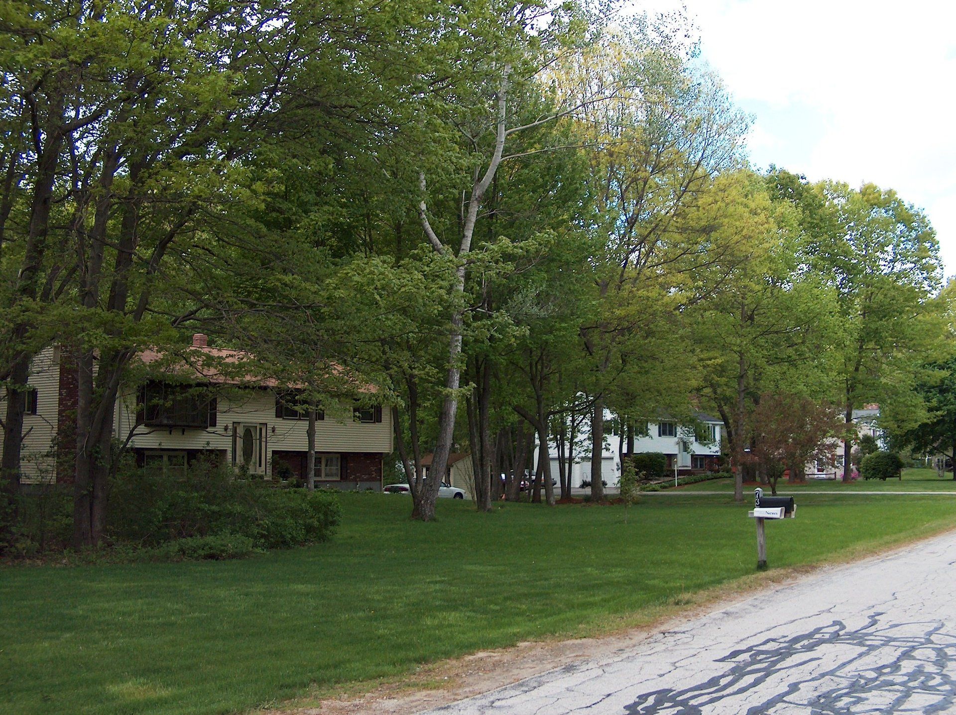 There is a mailbox on the side of the road in front of a house.