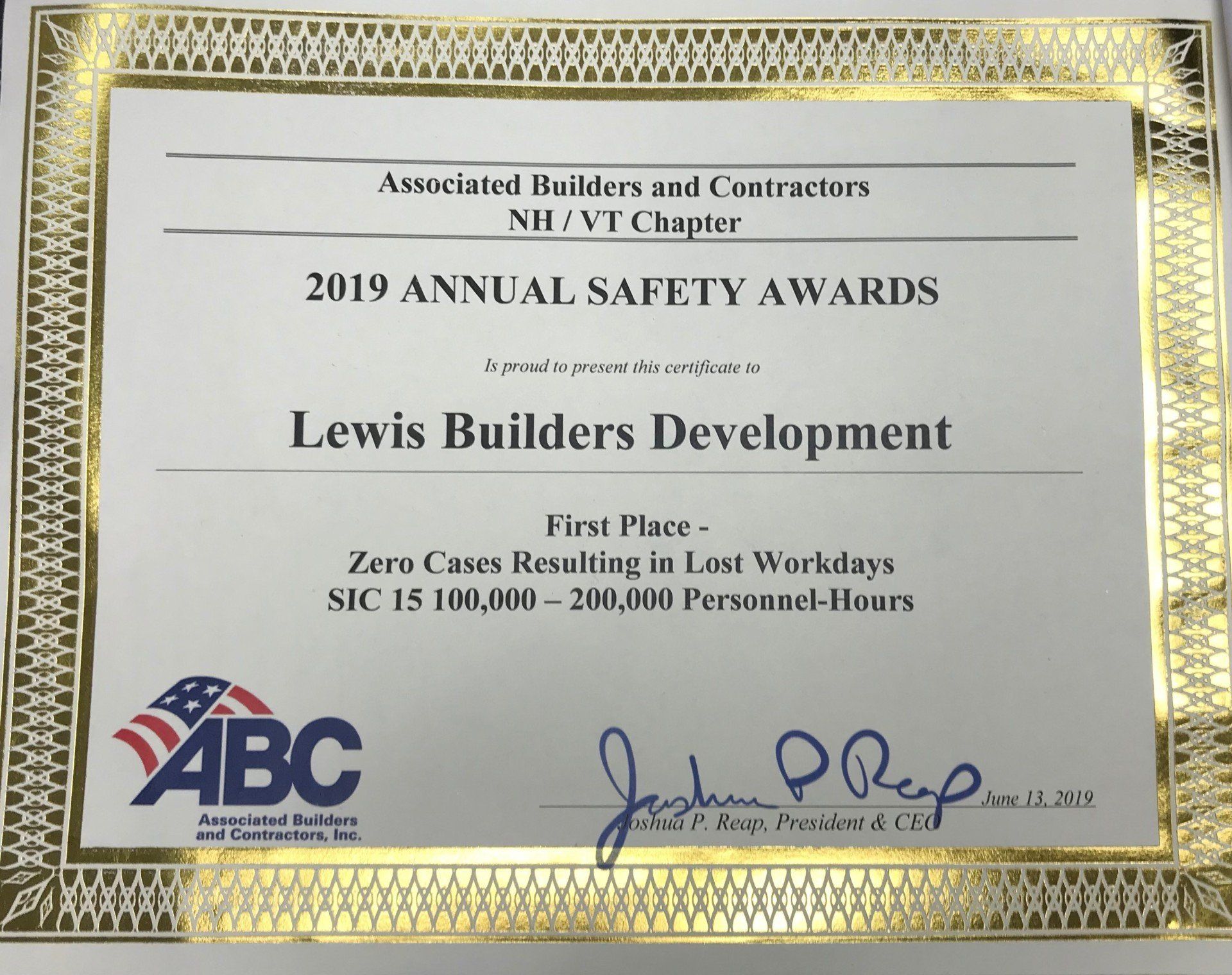 A certificate that says lewis builders development on it