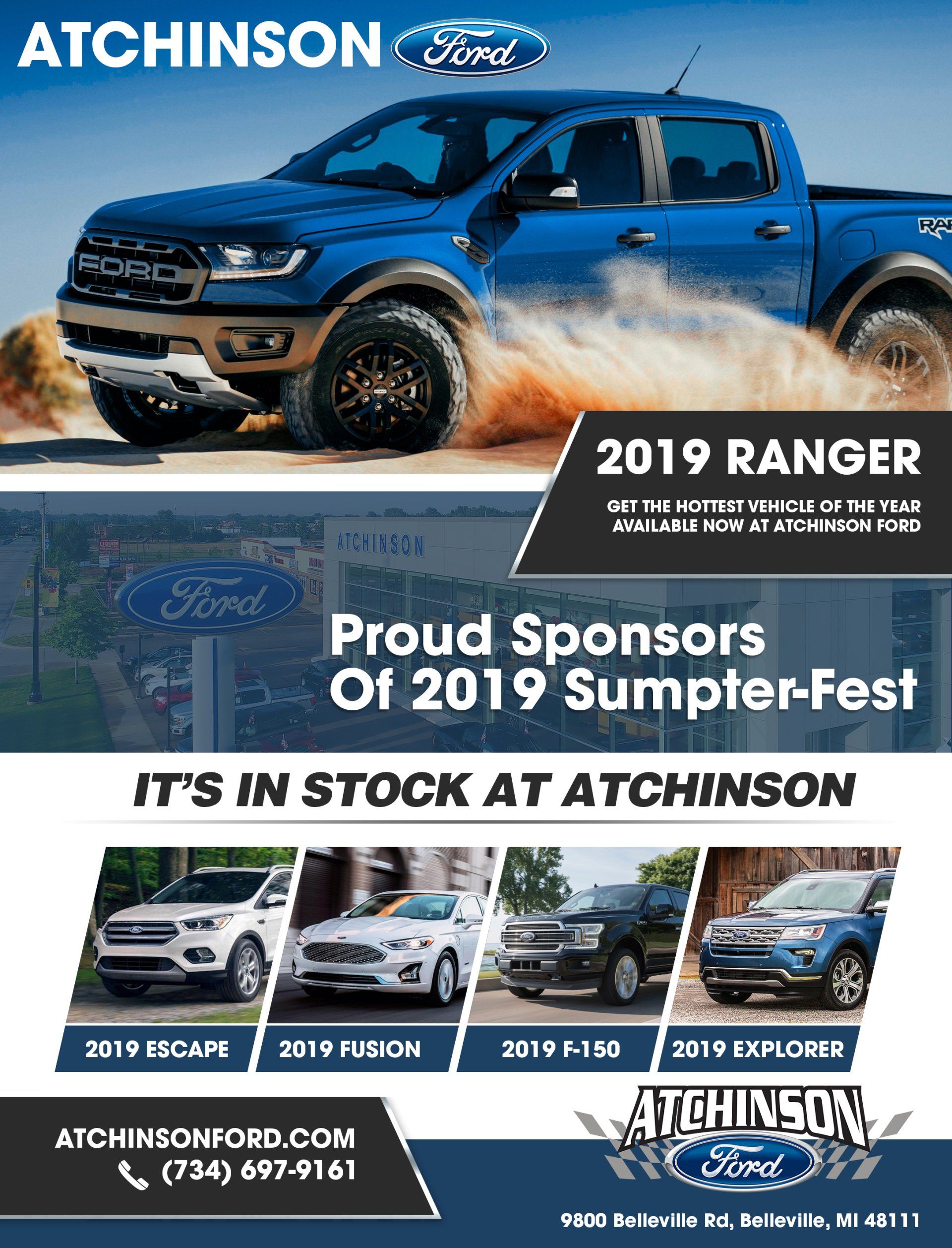 A blue ford ranger truck is driving down a dirt road.