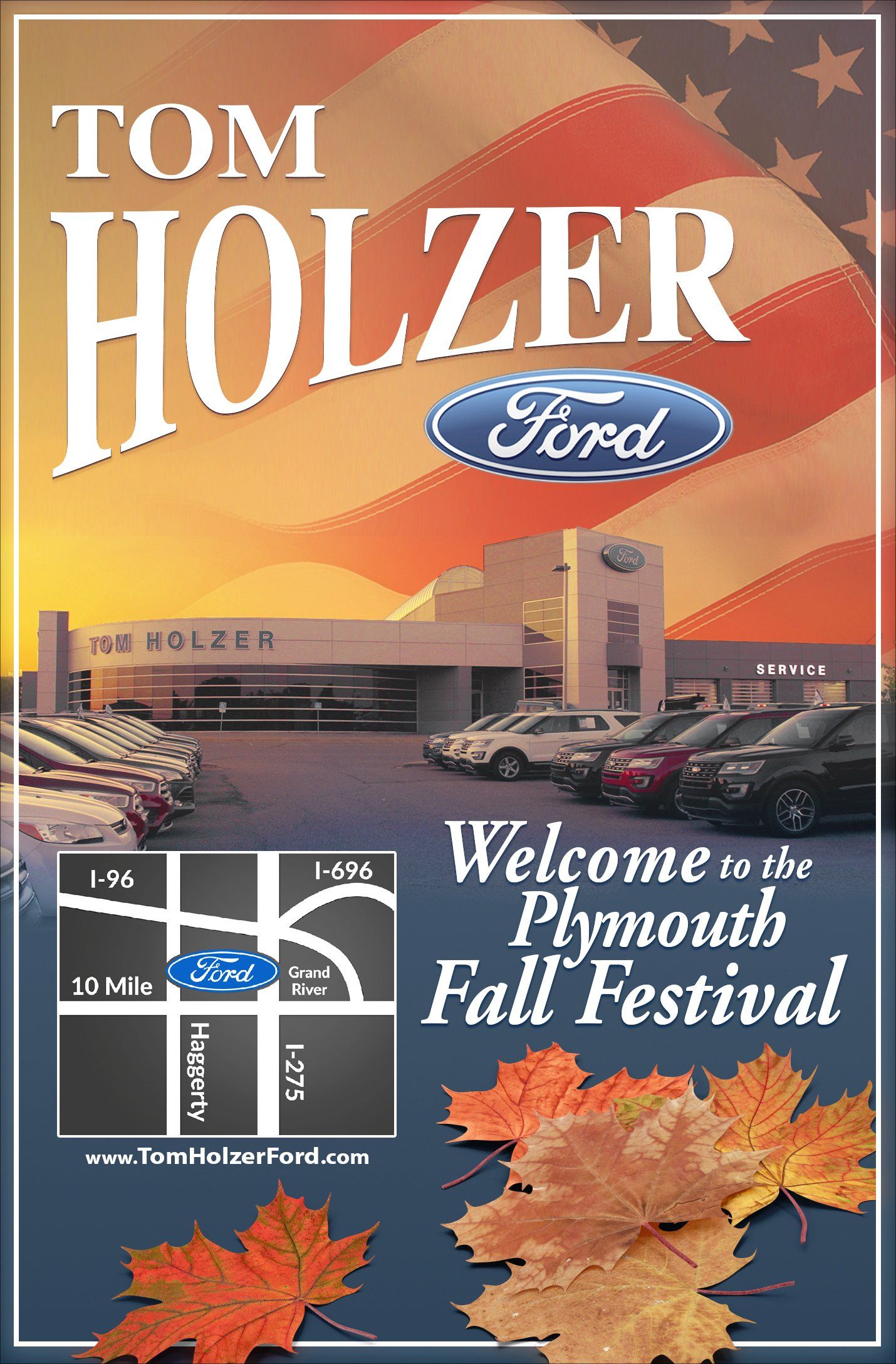 A poster for tom holzer ford welcomes you to the plymouth fall festival