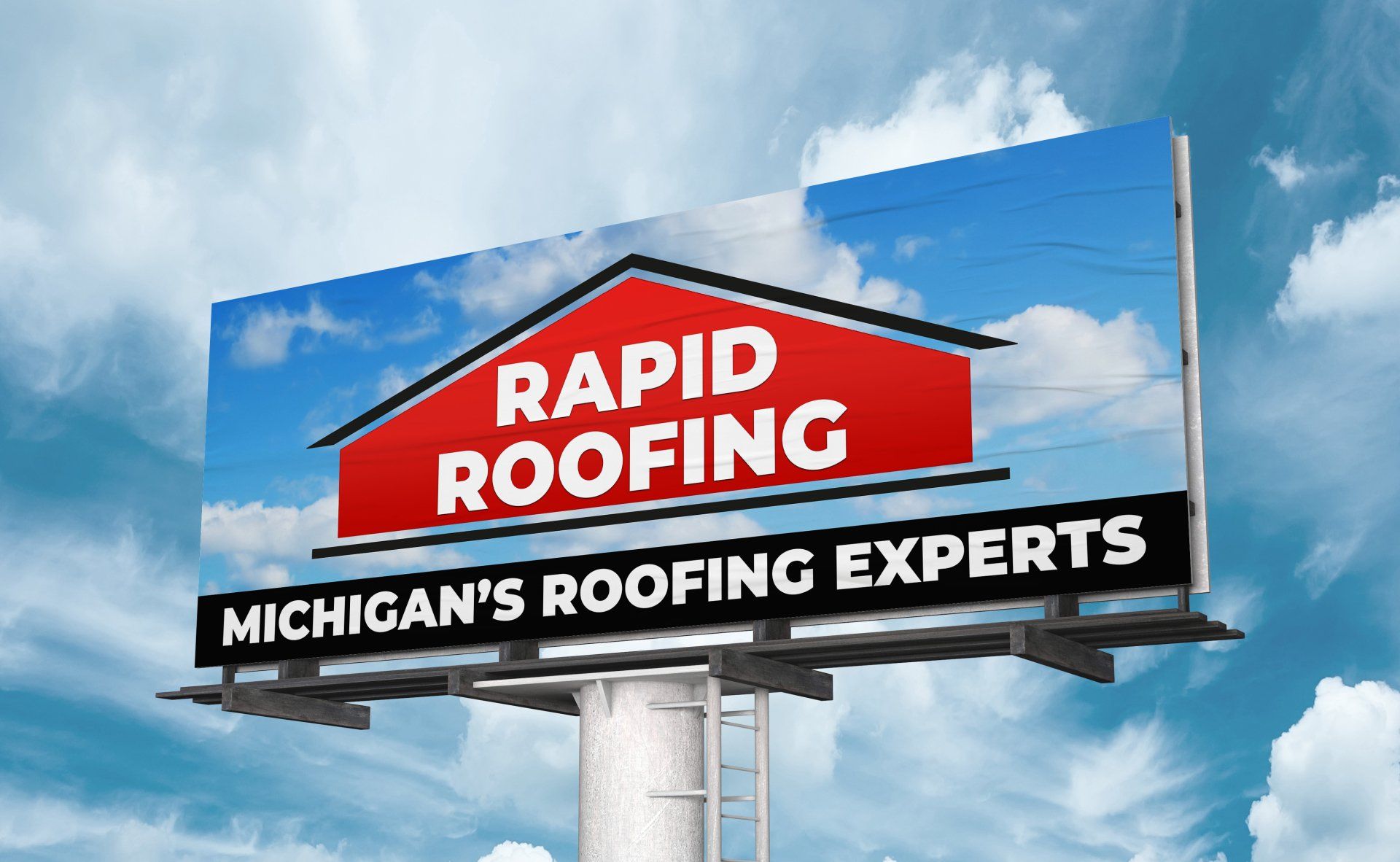 A billboard for rapid roofing michigan 's roofing experts