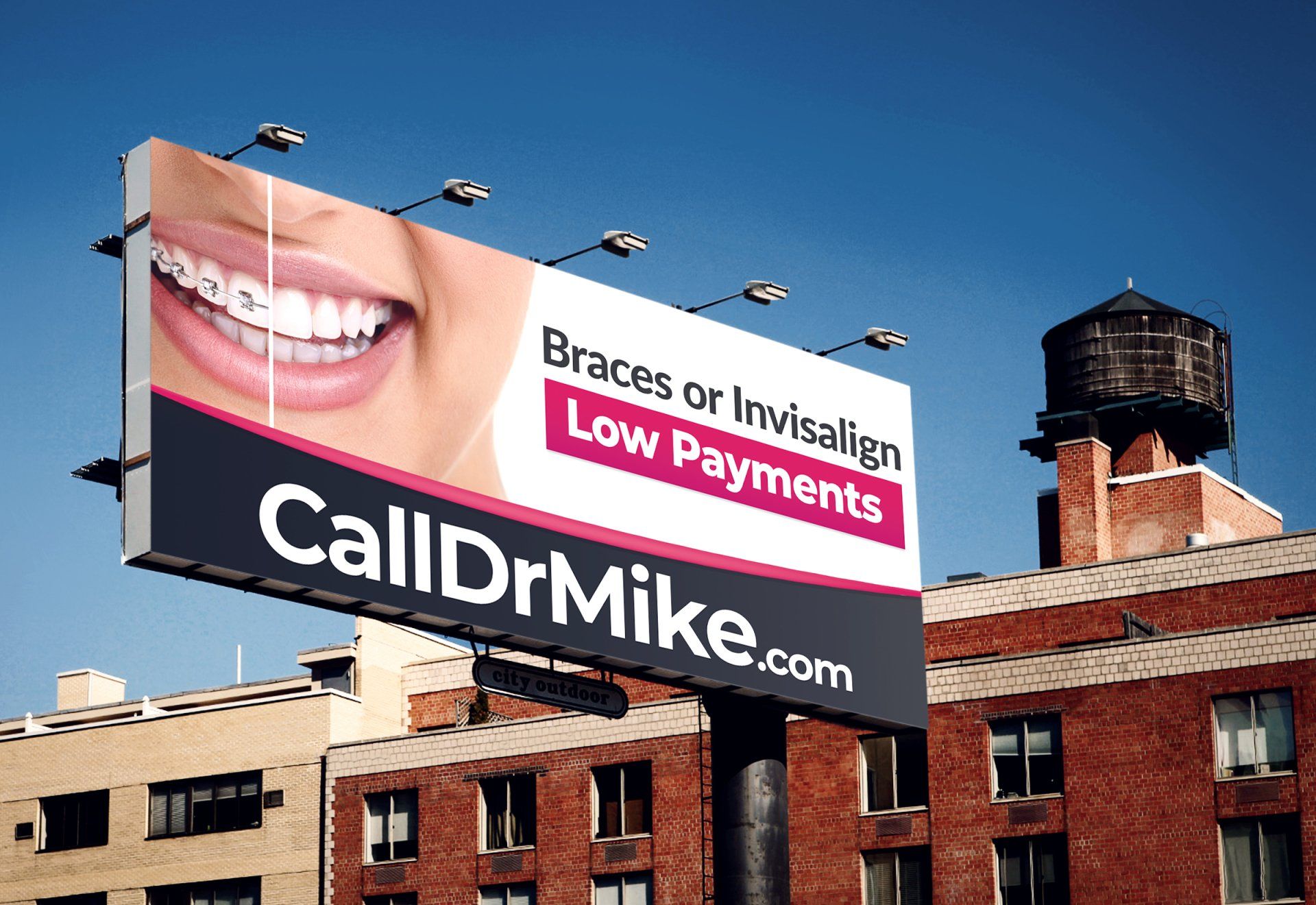 A billboard advertising braces or invisalign low payments