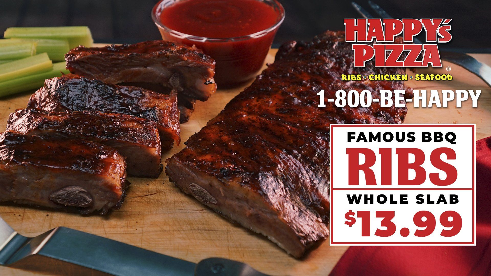 Happy 's pizza famous bbq ribs whole slab for 13.99