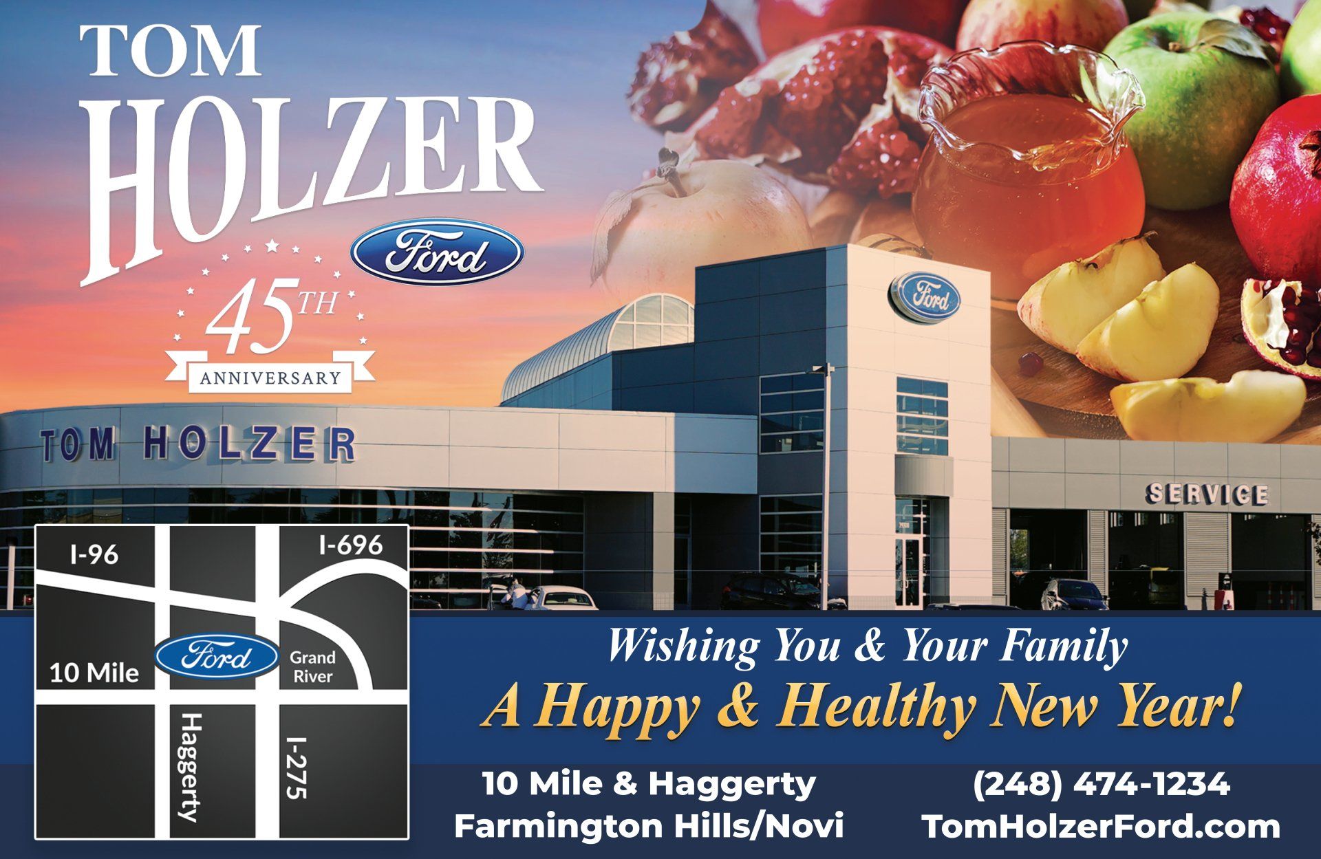 An advertisement for tom holzer ford wishing you and your family a happy and healthy new year