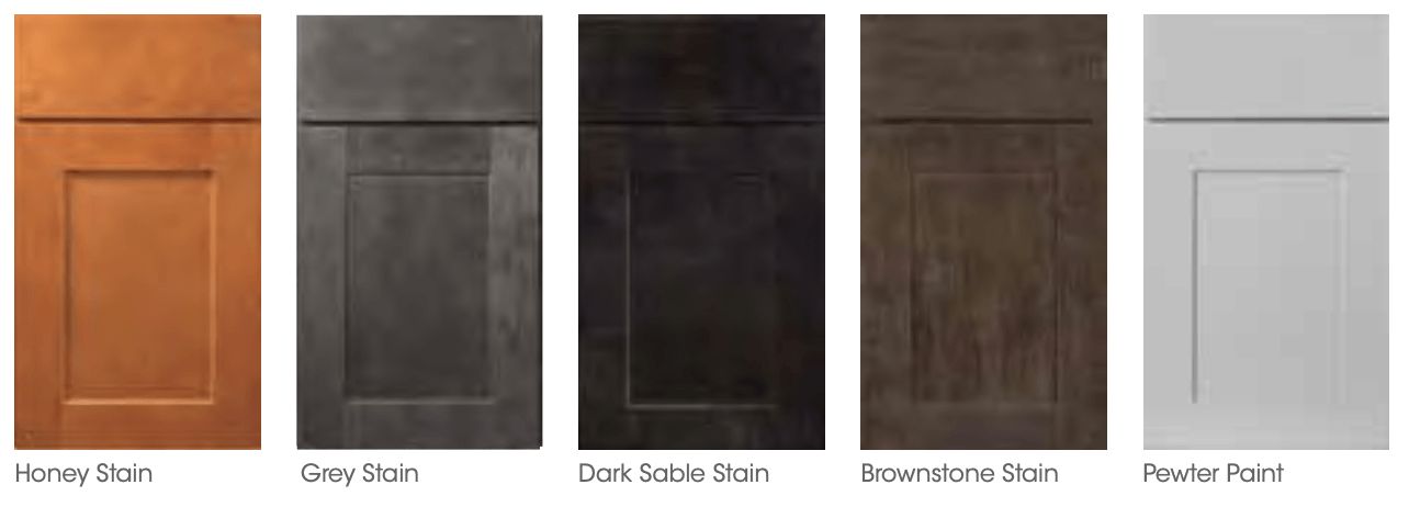 Wolf Brand Dartmouth cabinet doors in Honey stain, grey stain, dark able stain, brownstone stain, and pewter paint Wolf Brand Dartmouth cabinet doors in Honey stain, grey stain, dark able stain, brownstone stain, and pewter paint
