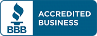 A blue sign that says accredited business with a flame on it.