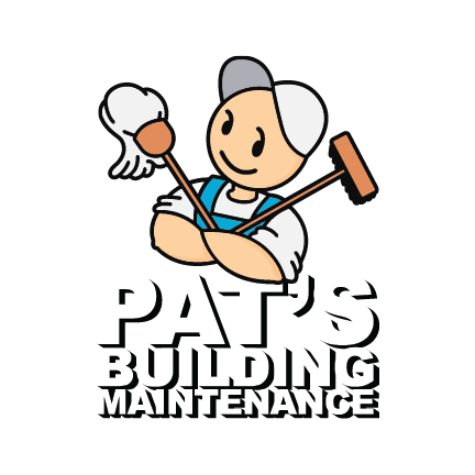 A logo for pat 's building maintenance shows a man holding a mop.