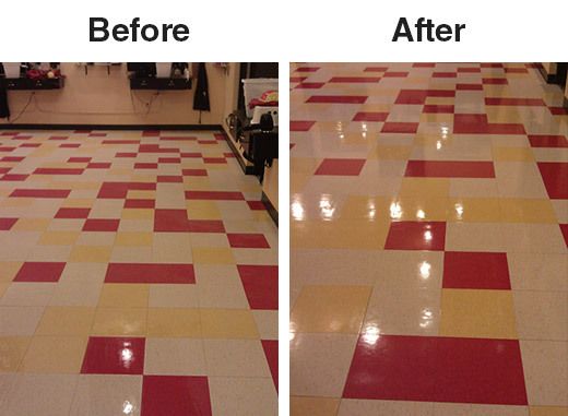 A before and after photo of a tiled floor