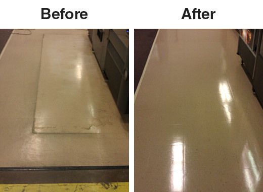 A before and after photo of a kitchen floor