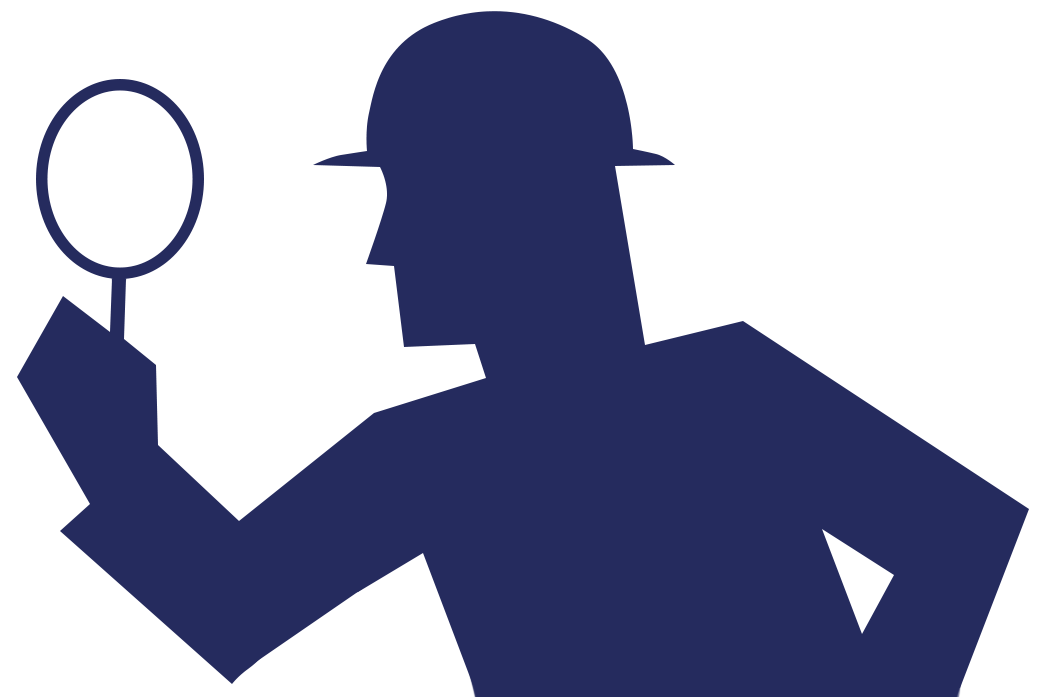 Blue silhouette of a detective holding a magnifying glass, wearing a hat, and looking.