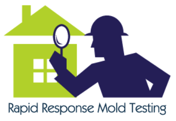 Logo for Rapid Response Mold Testing with a green house and dark blue inspector holding a magnifying glass
