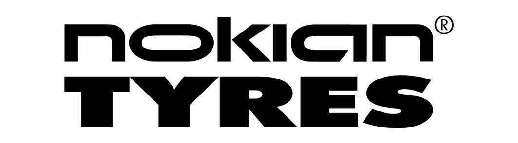 Un logo noir et blanc pour les pneus Nokian sur fond blanc.